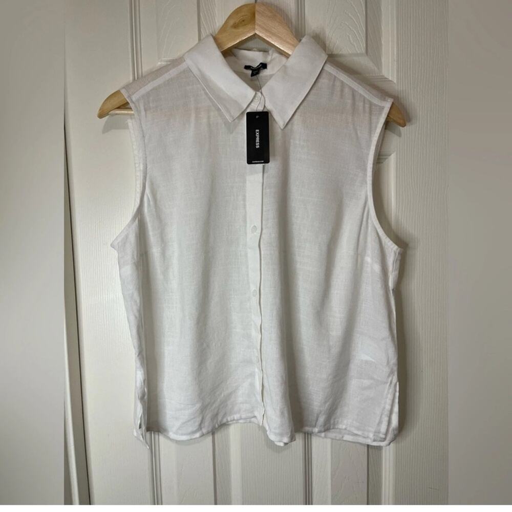 Express White Minimalist Linen Blend Button Up Tank Clean Girl Medium